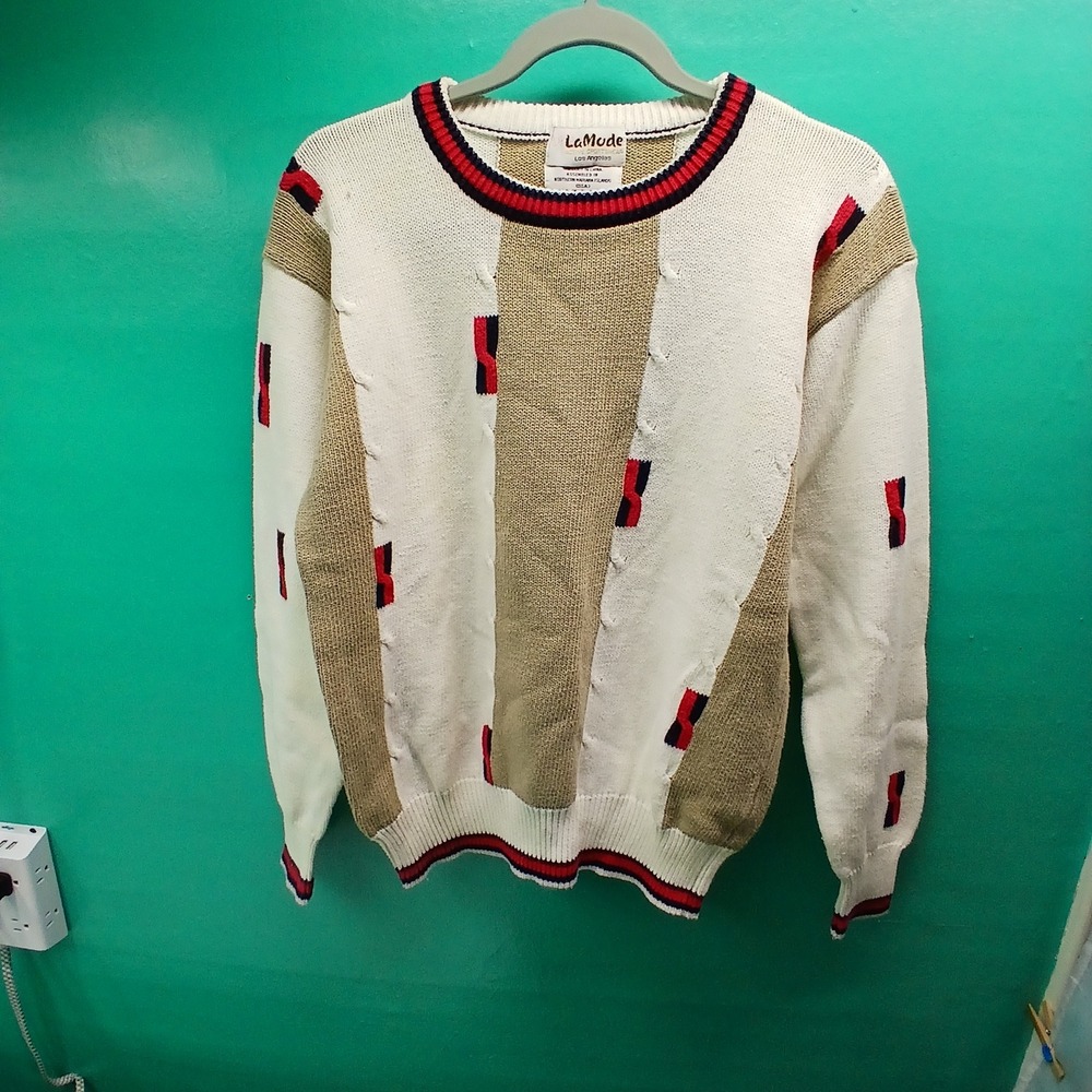 LaMode Active Sportswear Vintage 80s 90s Sweater Cream Tan Striped Crew Neck‎ M